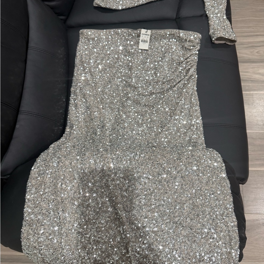 Express Silver Strapless Sequin Dress